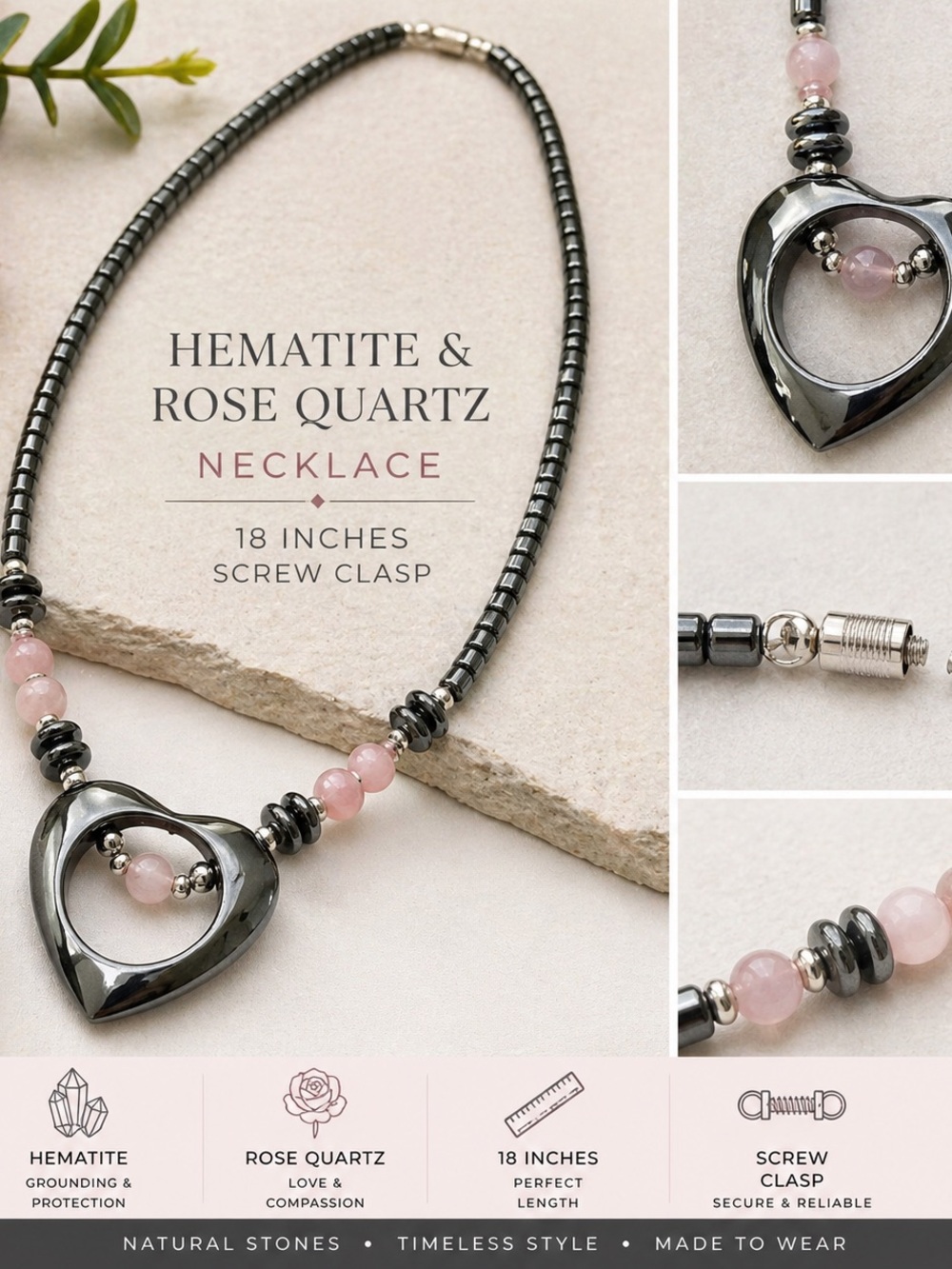 GENTLY USED - Hematite & Rose Quartz Heart Necklace - Pink and Hematite